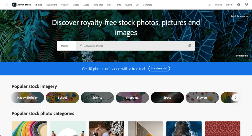 Landing page di Adobe Stock