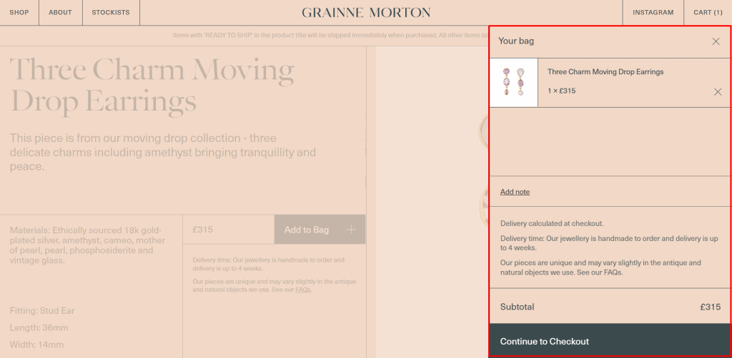 Carrello sul lato destro del sito web di Grainne Morton.