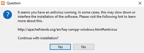 Compare un avviso quando si tenta di installare XAMPP su un computer con un antivirus in esecuzione.
