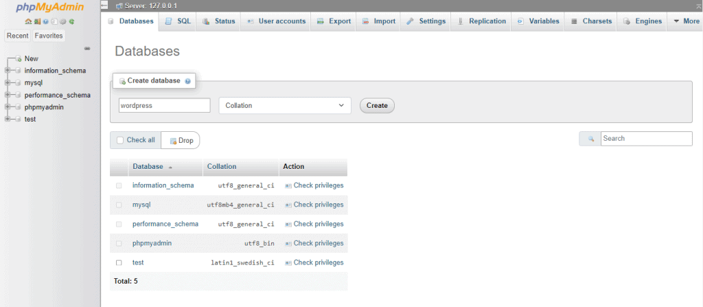 Creazione di un database locale in phpMyAdmin