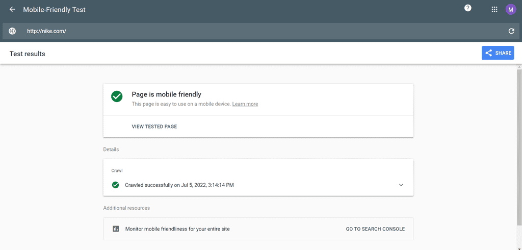 L&rsquo;interfaccia del Mobile-Friendly Test di Google quando la pagina &egrave; mobile-friendly, contenente i risultati del test e dettagli come la data di scansione e risorse aggiuntive.