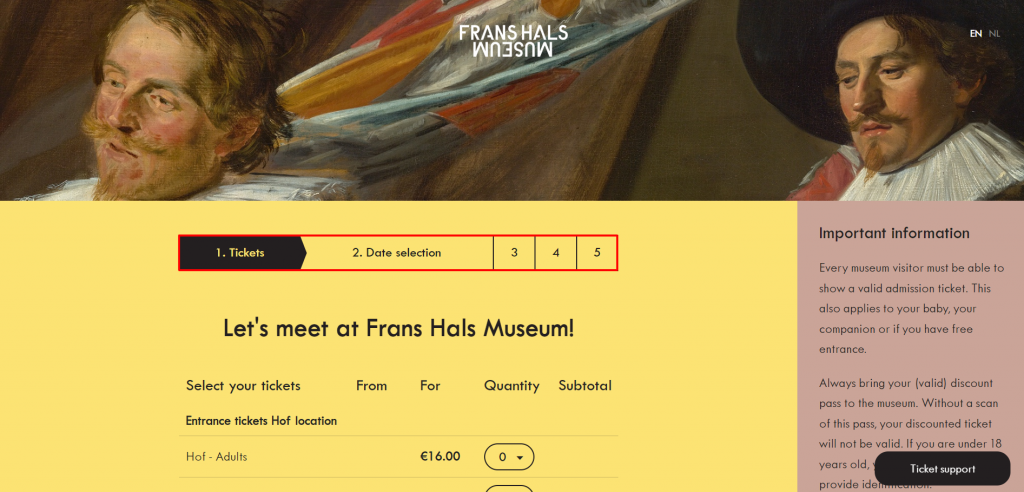 Indicatore di avanzamento nella pagina di checkout del Frans Hals Museum