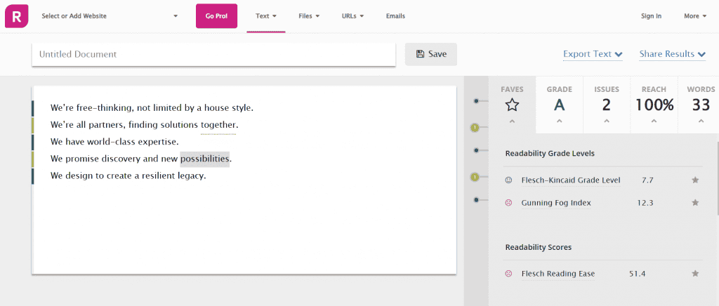 Interfaccia di Readable che mostra una casella di testo sul lato sinistro contenente frasi da verificare e il loro punteggio di leggibilit&agrave; sul lato destro.