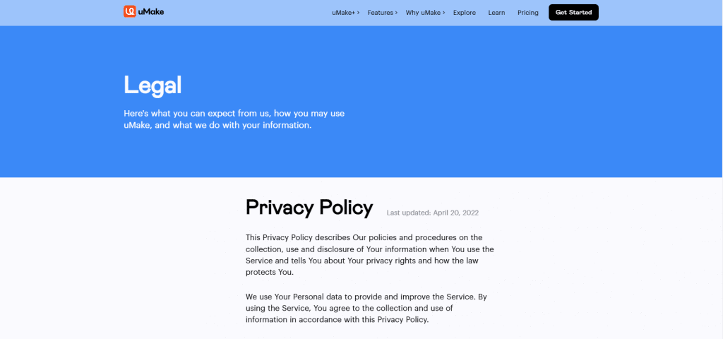 Pagina dell'informativa sulla privacy di Umake