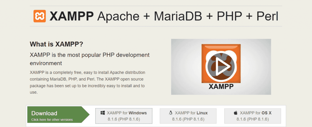 Download di XAMPP dal sito web ufficiale di Apache Friends