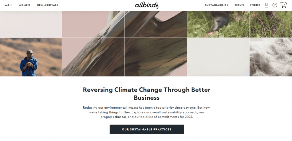 Sezione Sustainability nella homepage di Allbirds che mostra foto della natura, un titolo, un testo e un pulsante di call to action verso la pagina Sustainability.