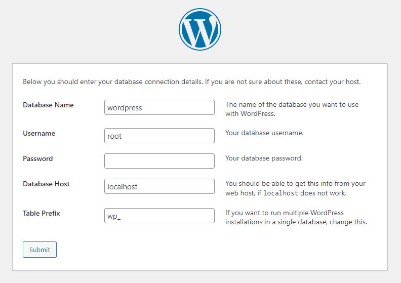 Un elenco di informazioni richieste da WordPress per creare il sito web in localhost