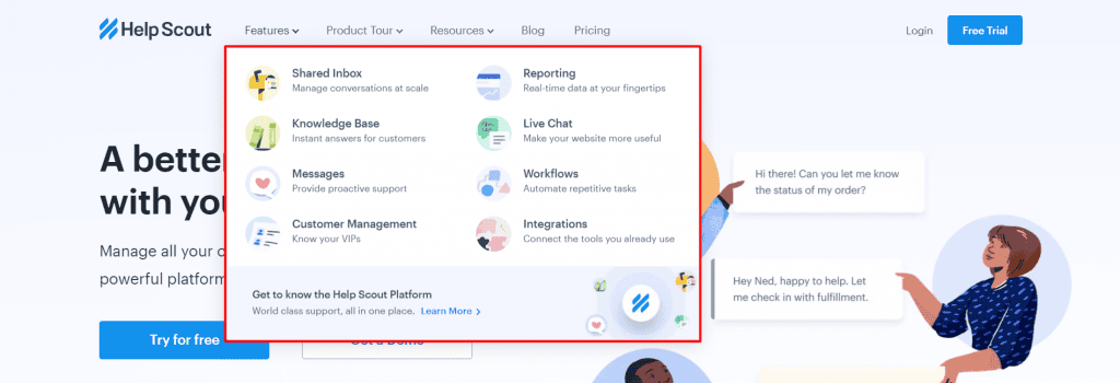 Le voci di menu di Help Scout che mostrano i relativi titoli e descrizioni.