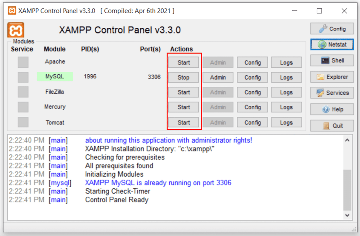 Arresta Apache dal pannello di controllo di XAMPP