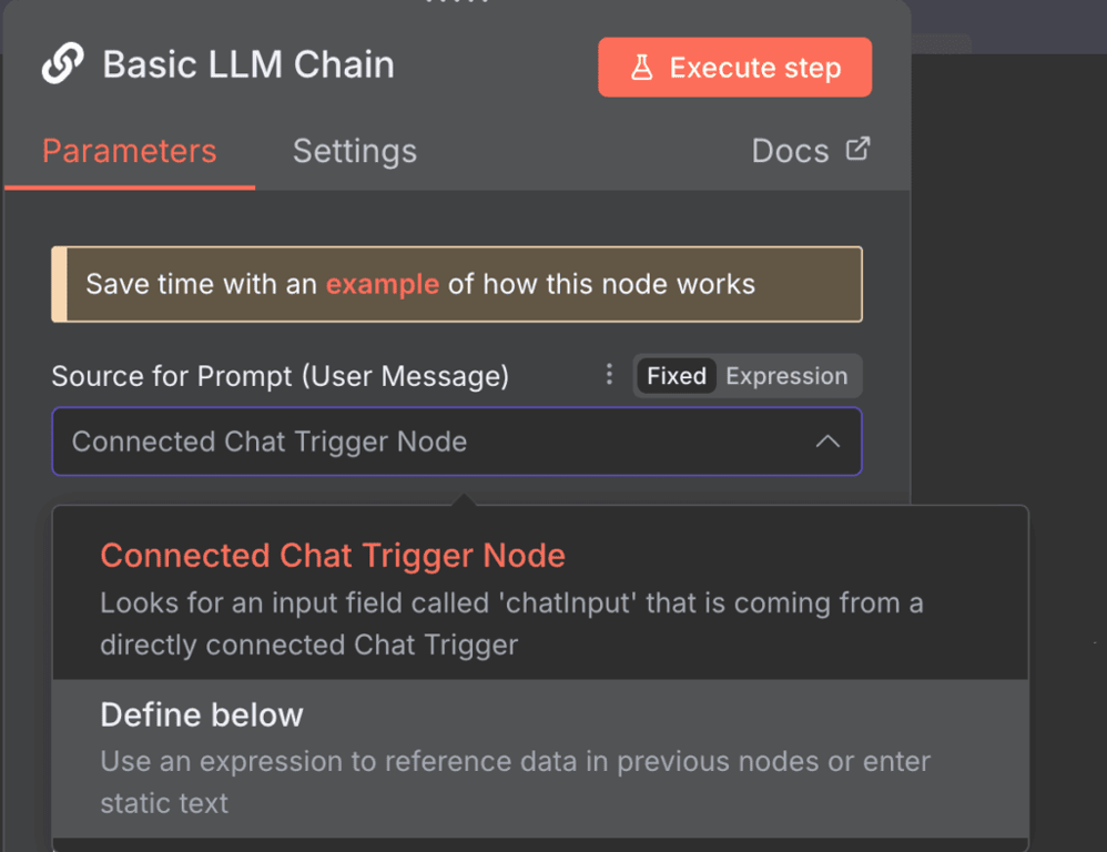Opzioni di origine del prompt della catena LLM di base