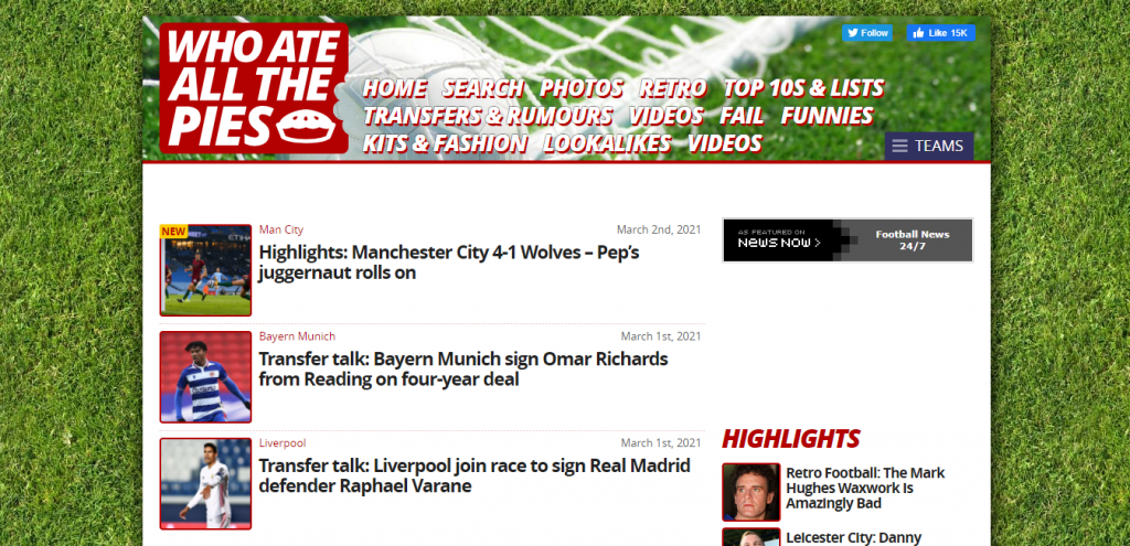 Articoli in evidenza e punti salienti sul sito web di Who Ate All The Pies