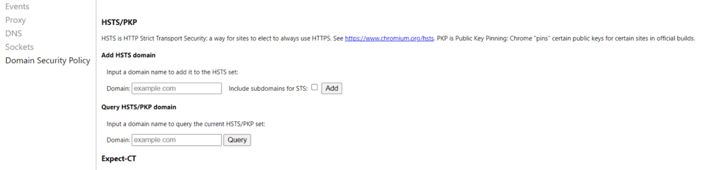 Impostazioni HSTS di Chrome.