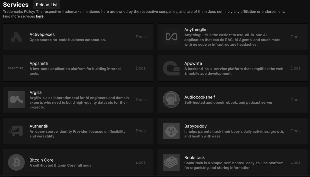 Opzioni dei modelli integrati di Coolify