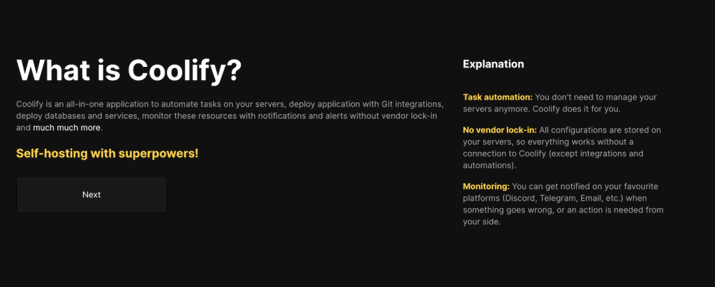 Pagina di onboarding di Coolify