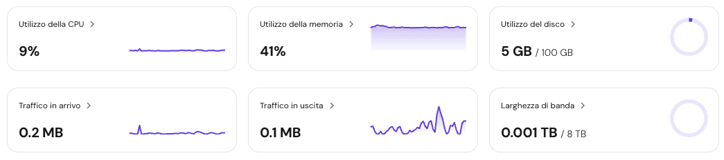 Il monitor delle risorse di hPanel mostra il consumo delle risorse hardware di Coolify quando è inattivo.