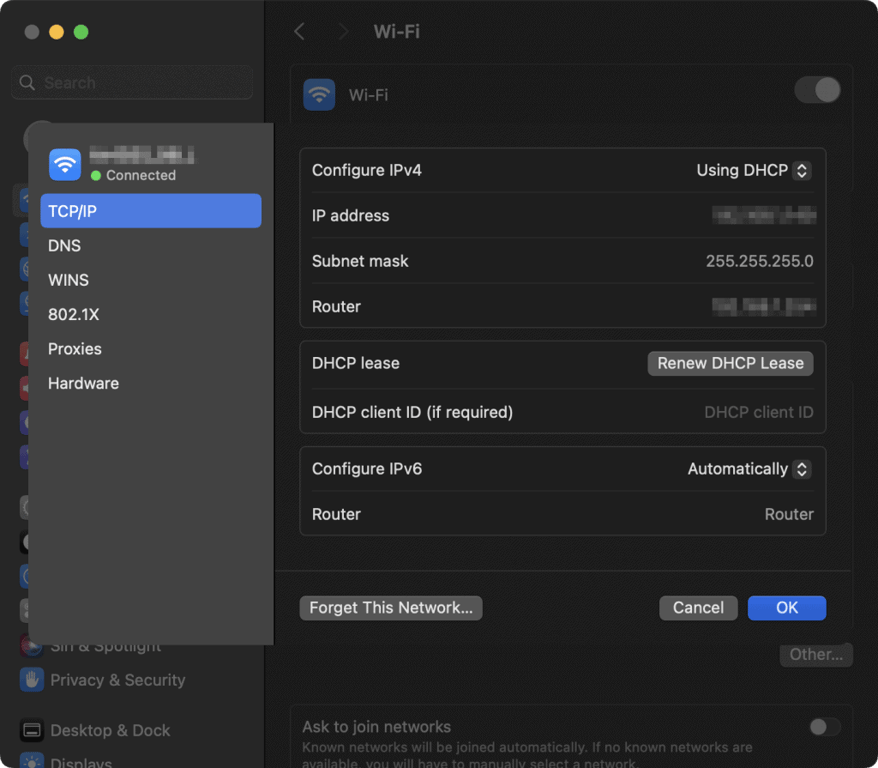 Dettagli TCP/IP di rete visualizzati in Impostazioni di Sistema su macOS