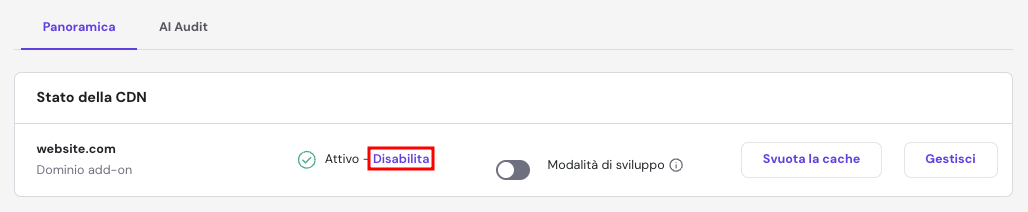 Pulsante Disabilita CDN evidenziato in hPanel