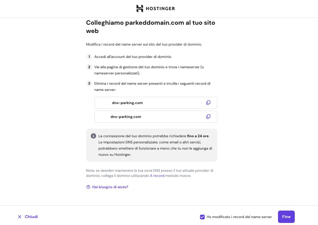 Una guida che mostra i passaggi per puntare un dominio ai nameserver di Hostinger per completare il processo di parcheggio del dominio