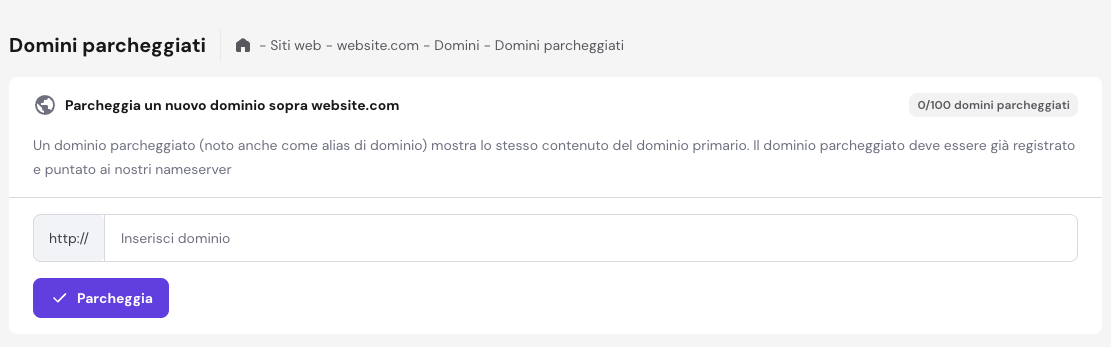 Funzionalit&agrave; di parcheggio del dominio nella dashboard hPanel di Hostinger
