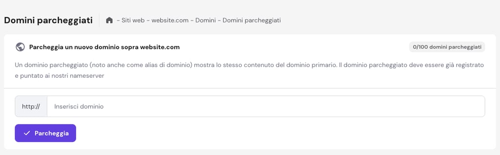 Funzionalità di parcheggio del dominio nella dashboard hPanel di Hostinger