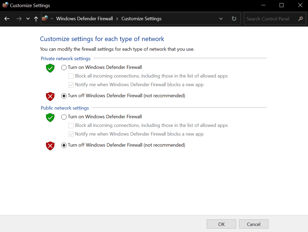 Disattivazione dei firewall nelle reti private e pubbliche