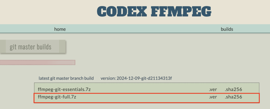 Il file ffmpeg-git-full.7z sul sito web gyan.dev