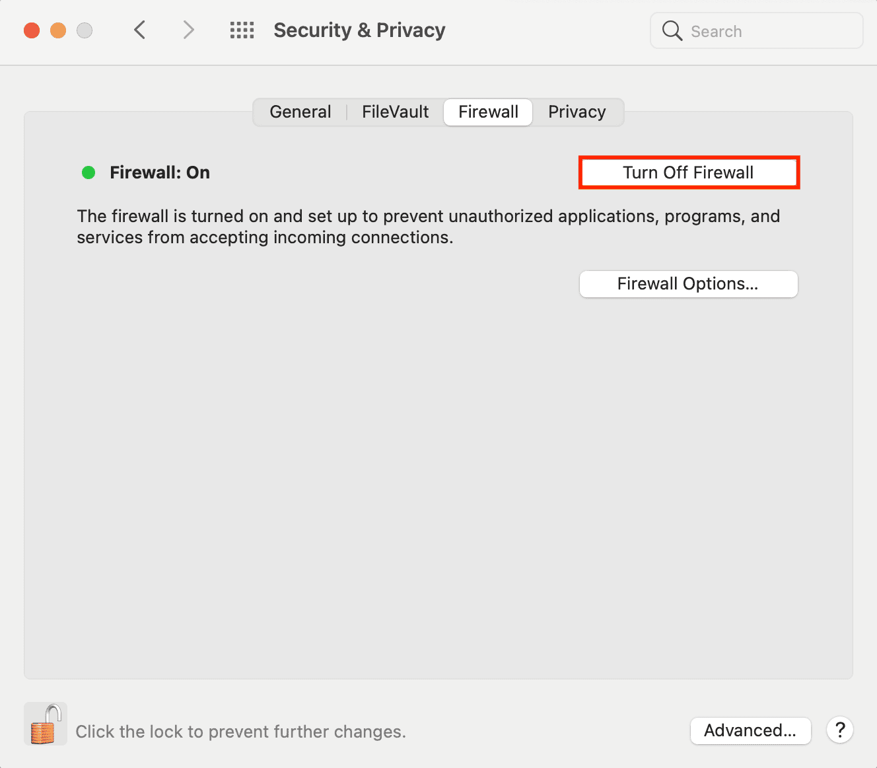 Disattivare il firewall del Mac tramite Sicurezza e Privacy
