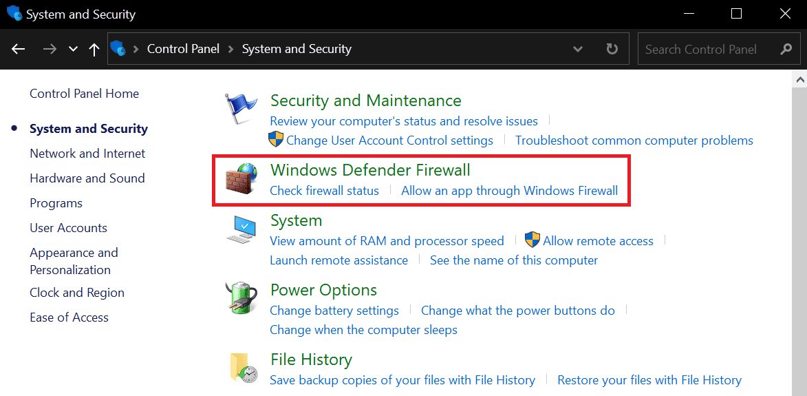 Accesso a Windows Defender Firewall tramite Sistema e sicurezza