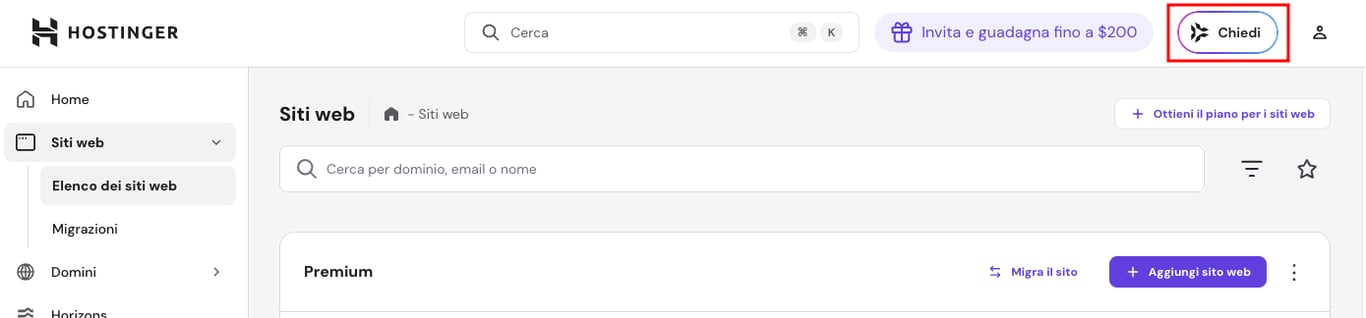 Pulsante &ldquo;Chiedi a Kodee&rdquo; nella dashboard di hPanel
