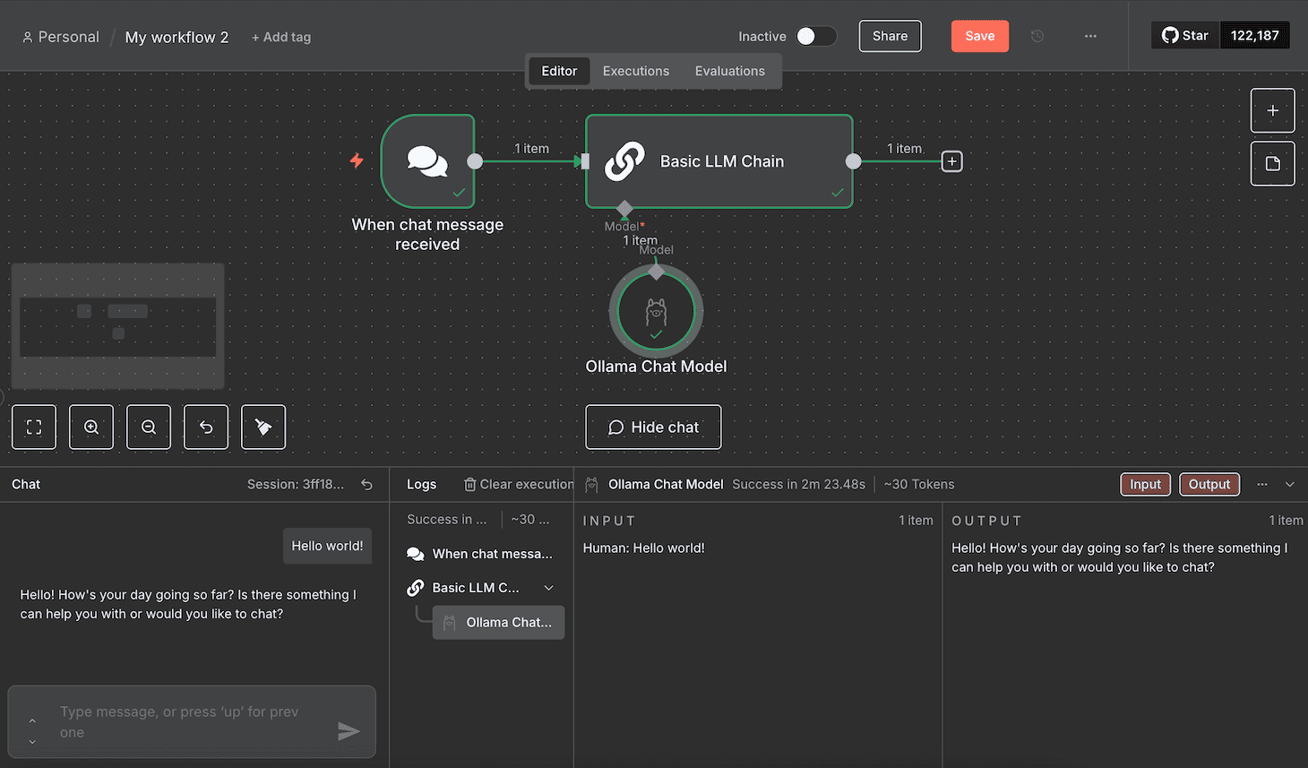 L&rsquo;interfaccia del trigger Chat sul canvas di n8n