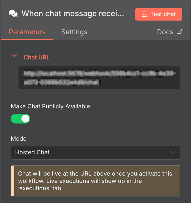 Interruttore &ldquo;Make Chat Publicly Available&rdquo; del trigger Chat di n8n