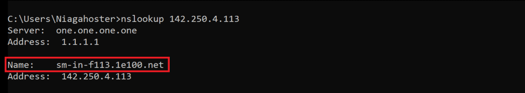 Nslookup visualizza il record PTR di Google.com