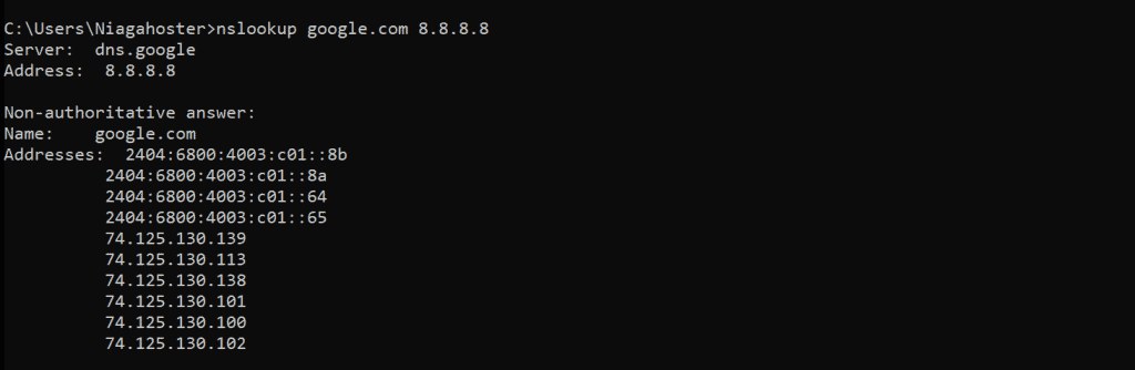 Risultato positivo del comando nslookup.