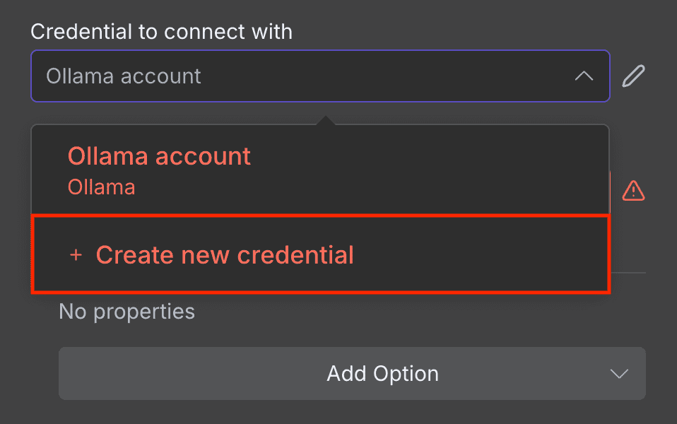 Nuovo pulsante per la creazione di credenziali del nodo Ollama Chat