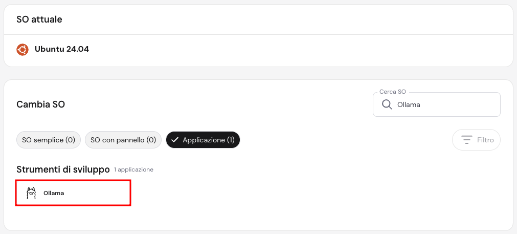 Scegli Ollama sotto Applicazione VPS in hPanel