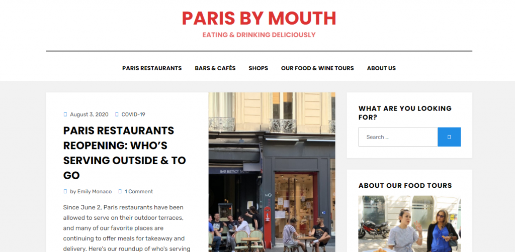 Home page di Paris by Mouth con un articolo sui ristoranti che aprono a Parigi nel rispetto delle normative Covid-19
