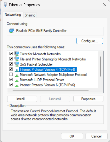 Proprietà Ethernet su Windows con la voce TCP/IPv4 evidenziata