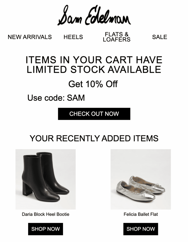 Email di recupero del carrello abbandonato di Sam Edelman