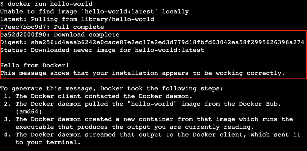 Output del container hello-world di Docker che conferma la configurazione riuscita