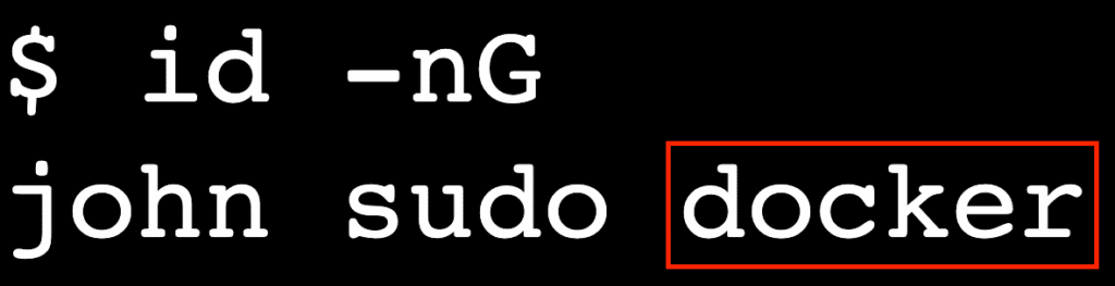 Output del terminale con l&rsquo;appartenenza al gruppo docker evidenziata