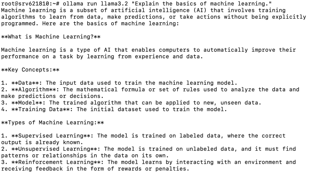 Terminale che visualizza la risposta di un modello Ollama sull'apprendimento automatico
