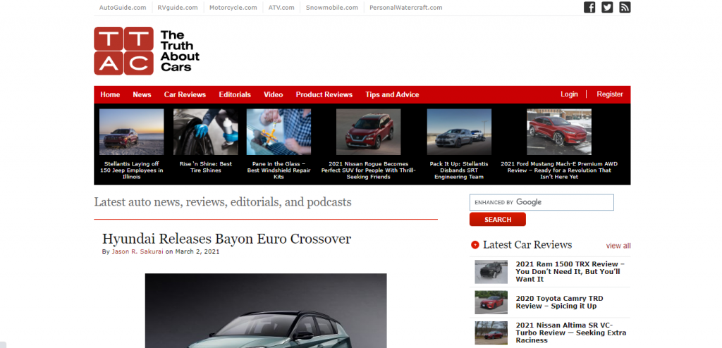 Home page di The Truth About Cars che presenta una nuova auto di Hyundai