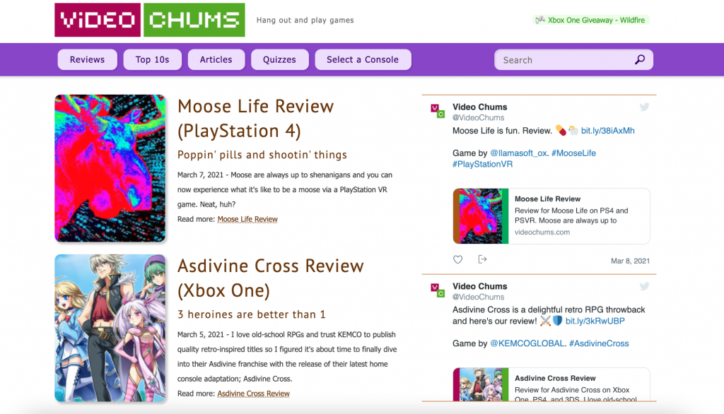 Pagina di Video Chums con recensioni di Moose Life e Asdivine Cross