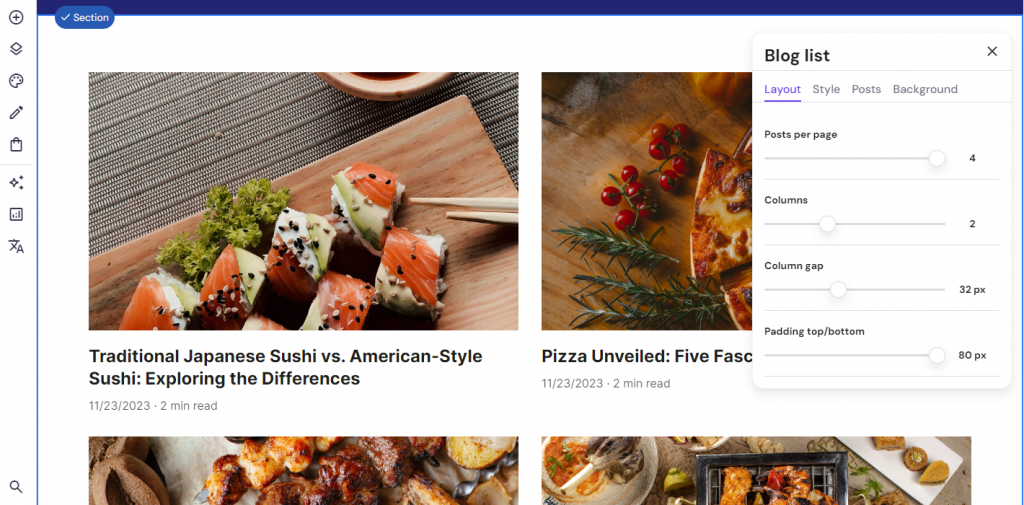Interfaccia del website builder di Hostinger con la finestra pop-up Elenco blog