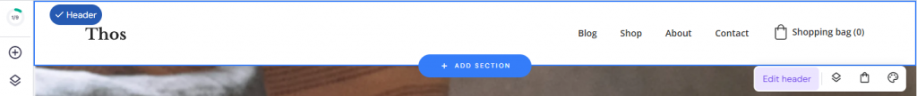 Interfaccia del website builder di Hostinger con “Edit header” evidenziato