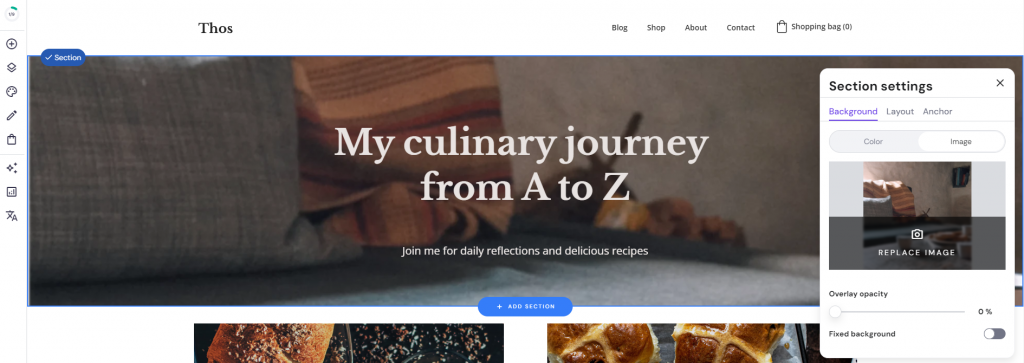Interfaccia del website builder di Hostinger con la finestra pop-up Section settings