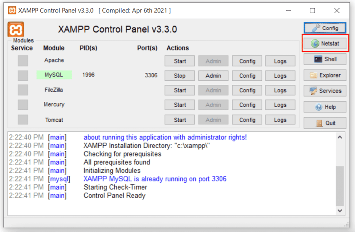 Selezione del pulsante Netstat nel pannello di controllo di XAMPP per vedere tutte le porte in uso
