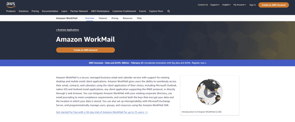 La homepage di Amazon WorkMail con un pulsante per creare un nuovo account AWS.