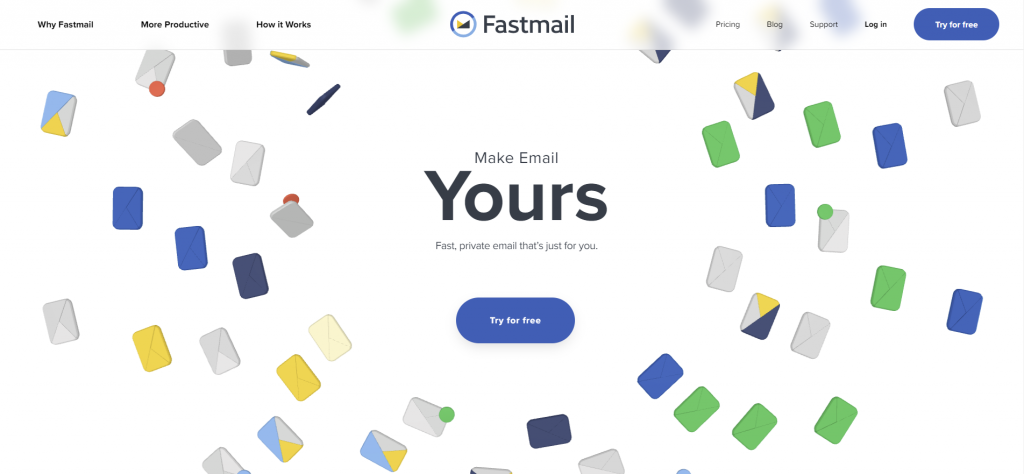 La homepage ufficiale di Fastmail con un pulsante per provare il servizio gratuitamente.