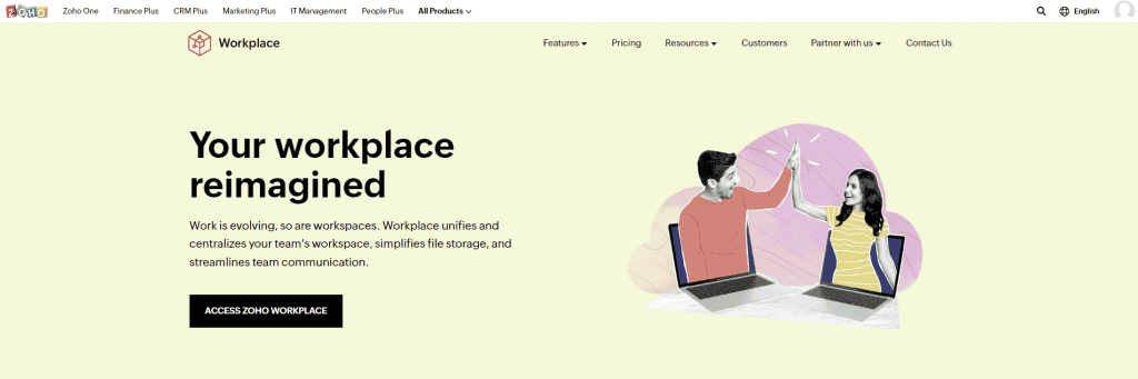 L’homepage ufficiale di Zoho Workplace con un pulsante per accedere ai suoi servizi di hosting email.